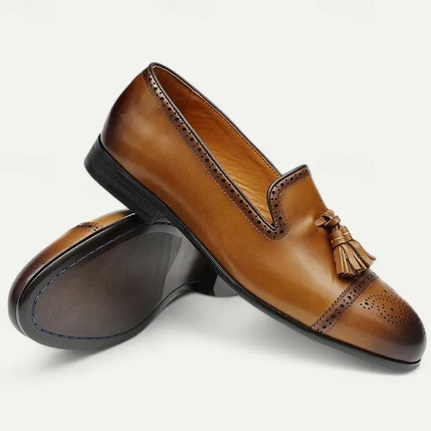 Men's Brown Leather Tassel Loafers with Brogue Detailing, Classic Slip-On Dress Shoes for Weddings, Parties and Formal Events