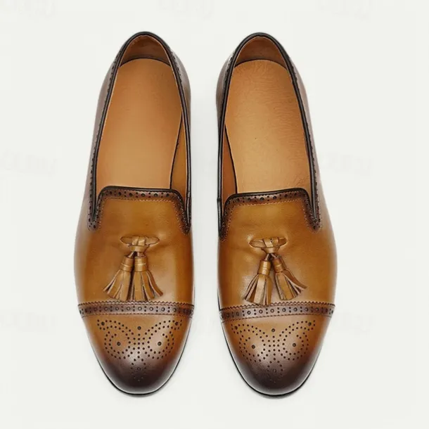 Men's Brown Leather Tassel Loafers with Brogue Detailing, Classic Slip-On Dress Shoes for Weddings, Parties and Formal Events