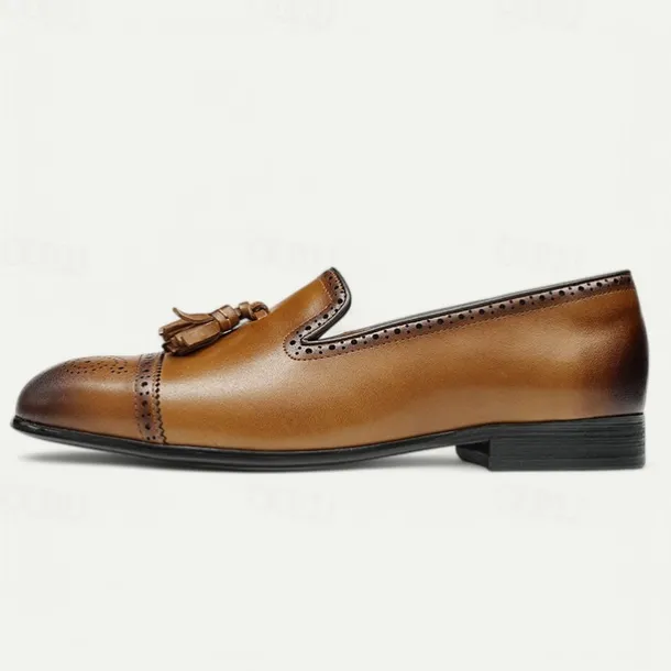 Men's Brown Leather Tassel Loafers with Brogue Detailing, Classic Slip-On Dress Shoes for Weddings, Parties and Formal Events
