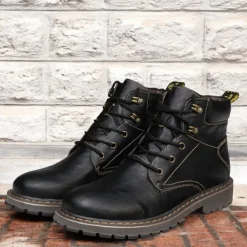 Men's Brown Leather Work Boots, Durable Lace-Up Ankle Boots with Rugged Sole, Perfect for Outdoor Activities, Construction, and Casual Wear