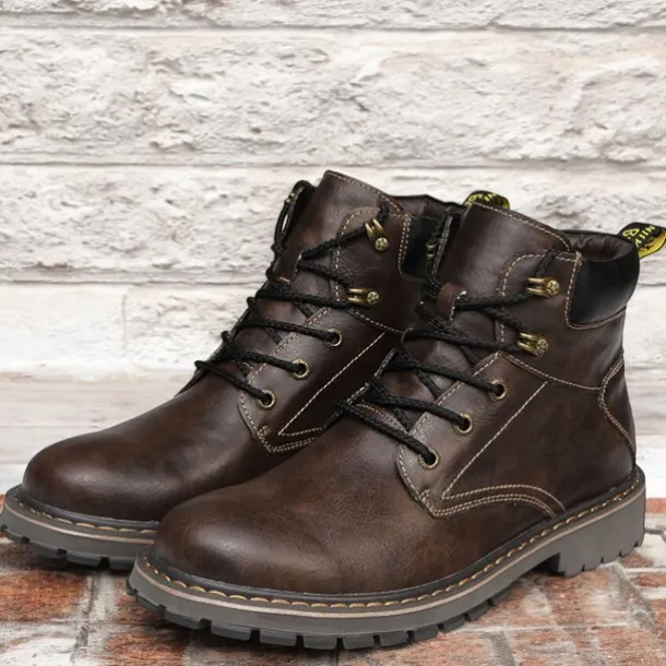 Men's Brown Leather Work Boots, Durable Lace-Up Ankle Boots with Rugged Sole, Perfect for Outdoor Activities, Construction, and Casual Wear