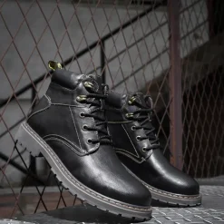 Men's Brown Leather Work Boots, Durable Lace-Up Ankle Boots with Rugged Sole, Perfect for Outdoor Activities, Construction, and Casual Wear