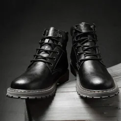 Men's Brown Leather Work Boots, Durable Lace-Up Ankle Boots with Rugged Sole, Perfect for Outdoor Activities, Construction, and Casual Wear