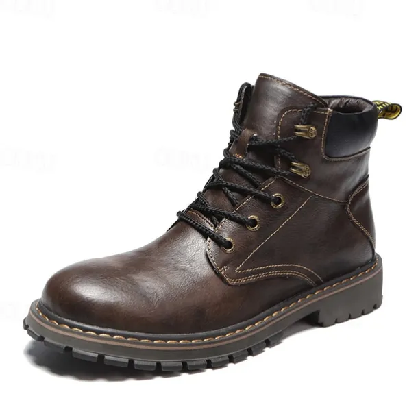 Men's Brown Leather Work Boots, Durable Lace-Up Ankle Boots with Rugged Sole, Perfect for Outdoor Activities, Construction, and Casual Wear