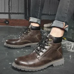 Men's Brown Leather Work Boots, Durable Lace-Up Ankle Boots with Rugged Sole, Perfect for Outdoor Activities, Construction, and Casual Wear