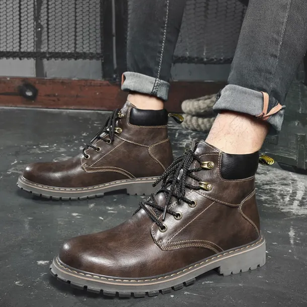 Men's Brown Leather Work Boots, Durable Lace-Up Ankle Boots with Rugged Sole, Perfect for Outdoor Activities, Construction, and Casual Wear