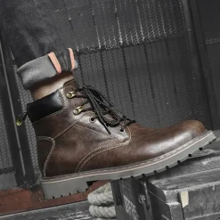 Men's Brown Leather Work Boots, Durable Lace-Up Ankle Boots with Rugged Sole, Perfect for Outdoor Activities, Construction, and Casual Wear
