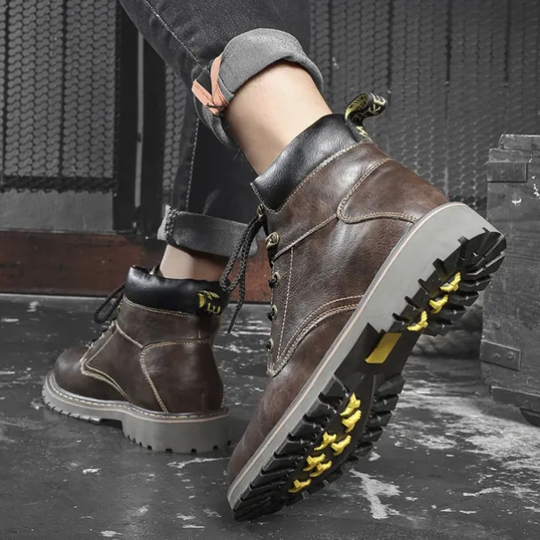 Men's Brown Leather Work Boots, Durable Lace-Up Ankle Boots with Rugged Sole, Perfect for Outdoor Activities, Construction, and Casual Wear