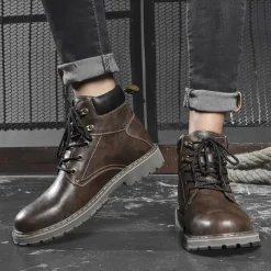 Men's Brown Leather Work Boots, Durable Lace-Up Ankle Boots with Rugged Sole, Perfect for Outdoor Activities, Construction, and Casual Wear