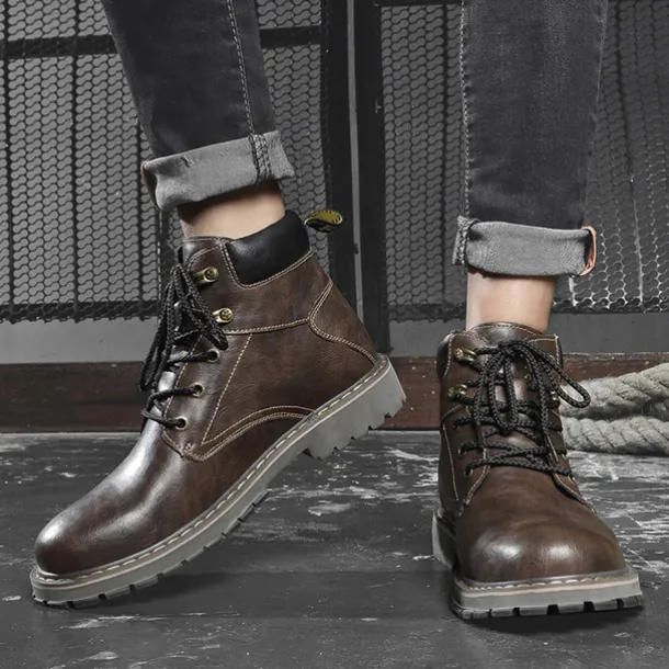 Men's Brown Leather Work Boots, Durable Lace-Up Ankle Boots with Rugged Sole, Perfect for Outdoor Activities, Construction, and Casual Wear