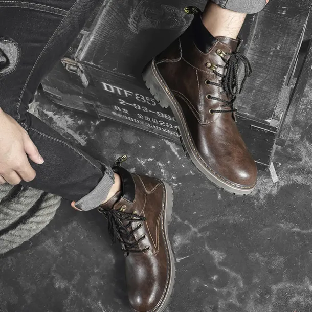 Men's Brown Leather Work Boots, Durable Lace-Up Ankle Boots with Rugged Sole, Perfect for Outdoor Activities, Construction, and Casual Wear