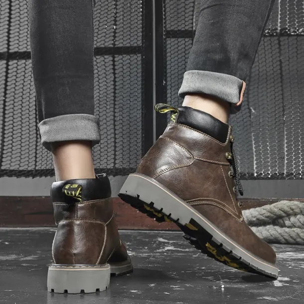 Men's Brown Leather Work Boots, Durable Lace-Up Ankle Boots with Rugged Sole, Perfect for Outdoor Activities, Construction, and Casual Wear