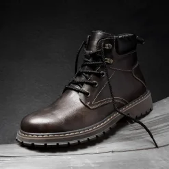 Men's Brown Leather Work Boots, Durable Lace-Up Ankle Boots with Rugged Sole, Perfect for Outdoor Activities, Construction, and Casual Wear