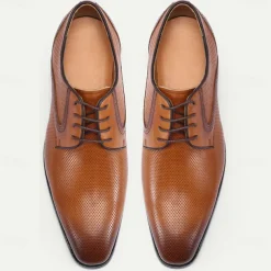 Men's Brown Perforated Leather Oxford Shoes with Lace-Up Design – Premium Cowhide for Formal and Business Occasions