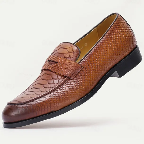 Men's Brown Premium Cowhide Leather Loafers with Textured Snake Skin Design, Slip-On Comfort, Stylish and Versatile for Casual and Formal Occasions