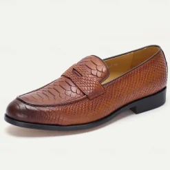 Men's Brown Premium Cowhide Leather Loafers with Textured Snake Skin Design, Slip-On Comfort, Stylish and Versatile for Casual and Formal Occasions