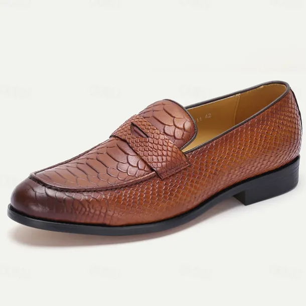 Men's Brown Premium Cowhide Leather Loafers with Textured Snake Skin Design, Slip-On Comfort, Stylish and Versatile for Casual and Formal Occasions