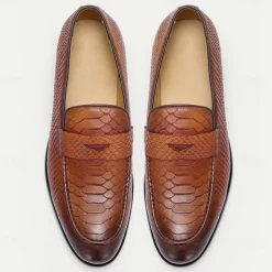 Men's Brown Premium Cowhide Leather Loafers with Textured Snake Skin Design, Slip-On Comfort, Stylish and Versatile for Casual and Formal Occasions