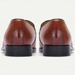 Men's Brown Premium Cowhide Leather Loafers with Textured Snake Skin Design, Slip-On Comfort, Stylish and Versatile for Casual and Formal Occasions
