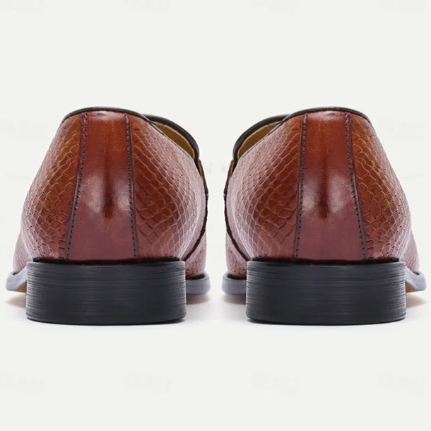 Men's Brown Premium Cowhide Leather Loafers with Textured Snake Skin Design, Slip-On Comfort, Stylish and Versatile for Casual and Formal Occasions