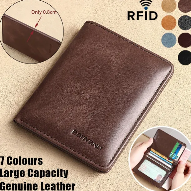 Men's Brown RFID Blocking Leather Bifold Wallet with ID Window and Multiple Card Slots, Slim Anti-Theft Wallet for Business, Travel and Everyday Use