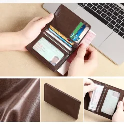 Men's Brown RFID Blocking Leather Bifold Wallet with ID Window and Multiple Card Slots, Slim Anti-Theft Wallet for Business, Travel and Everyday Use