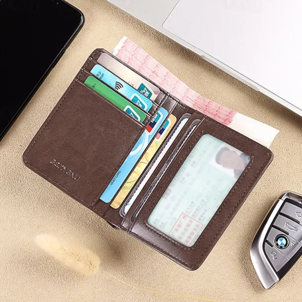 Men's Brown RFID Blocking Leather Bifold Wallet with ID Window and Multiple Card Slots, Slim Anti-Theft Wallet for Business, Travel and Everyday Use