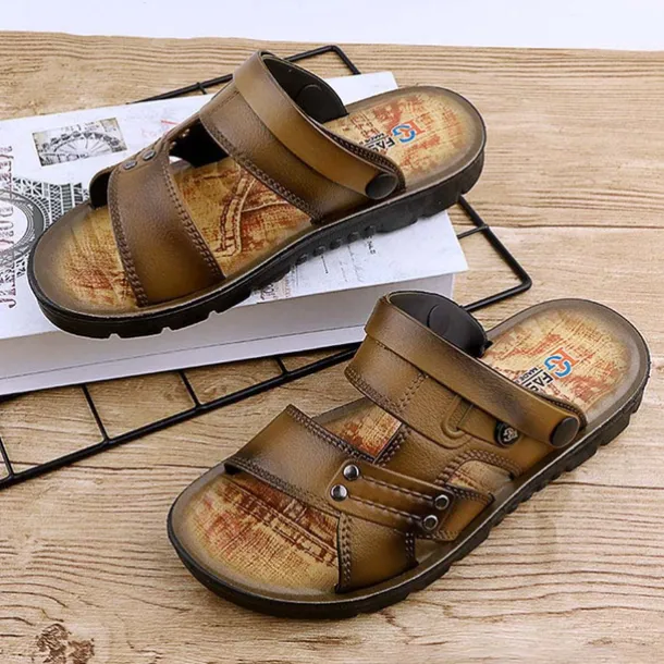 Men's Brown Slide Sandals with Double Straps and Cushioned Sole - Comfortable Casual Summer Footwear for Outdoor and Daily Use