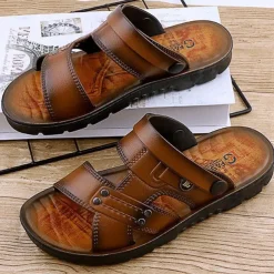 Men's Brown Slide Sandals with Double Straps and Cushioned Sole - Comfortable Casual Summer Footwear for Outdoor and Daily Use