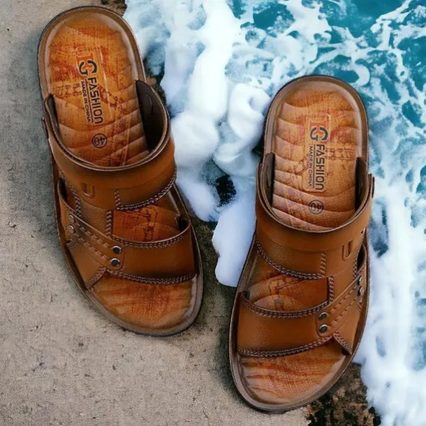 Men's Brown Slide Sandals with Double Straps and Cushioned Sole - Comfortable Casual Summer Footwear for Outdoor and Daily Use