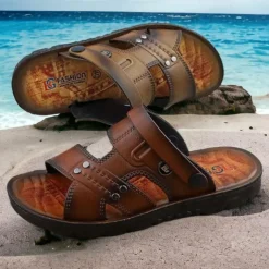 Men's Brown Slide Sandals with Double Straps and Cushioned Sole - Comfortable Casual Summer Footwear for Outdoor and Daily Use