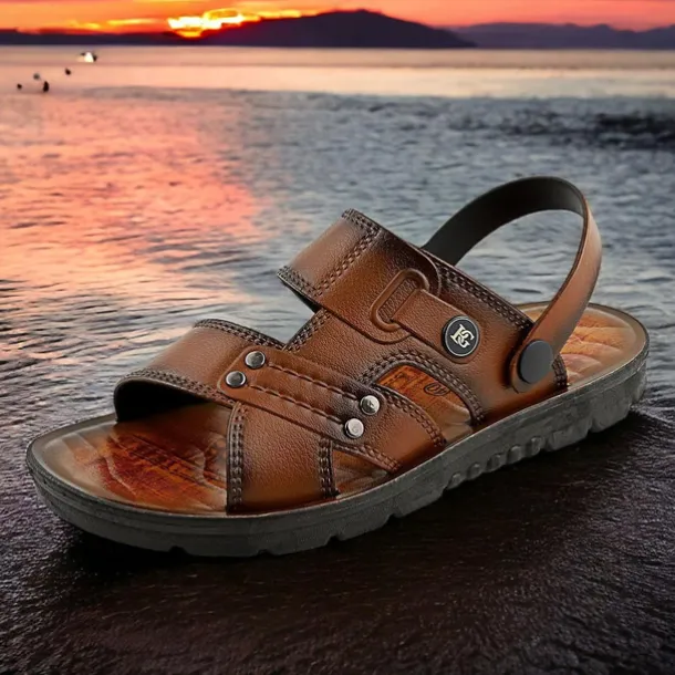Men's Brown Slide Sandals with Double Straps and Cushioned Sole - Comfortable Casual Summer Footwear for Outdoor and Daily Use