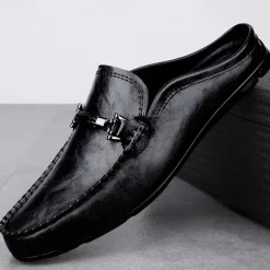 Men's Brown Slip-on Loafers with Metallic Buckle, Casual Faux Leather Shoes for Everyday Wear