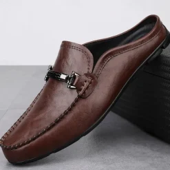 Men's Brown Slip-on Loafers with Metallic Buckle, Casual Faux Leather Shoes for Everyday Wear