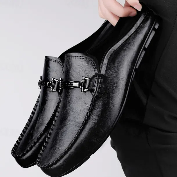 Men's Brown Slip-on Loafers with Metallic Buckle, Casual Faux Leather Shoes for Everyday Wear