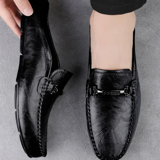 Men's Brown Slip-on Loafers with Metallic Buckle, Casual Faux Leather Shoes for Everyday Wear