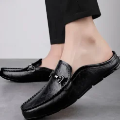 Men's Brown Slip-on Loafers with Metallic Buckle, Casual Faux Leather Shoes for Everyday Wear
