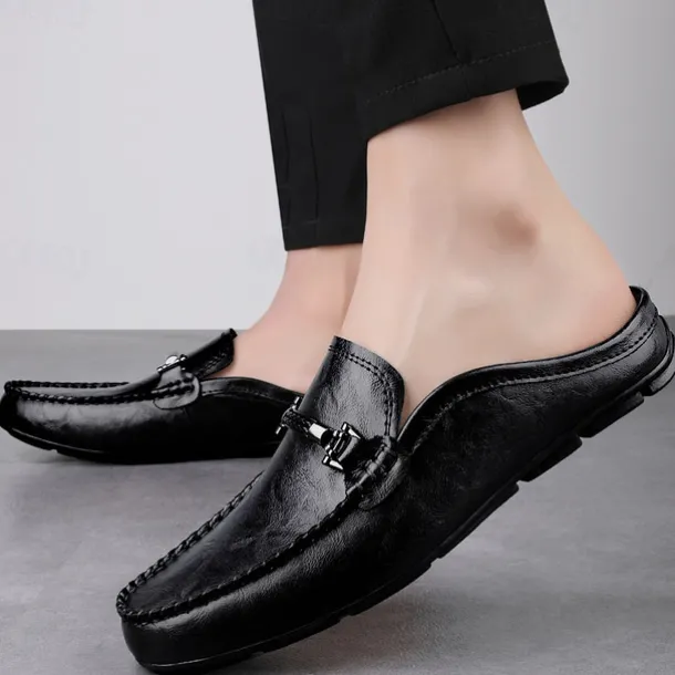 Men's Brown Slip-on Loafers with Metallic Buckle, Casual Faux Leather Shoes for Everyday Wear