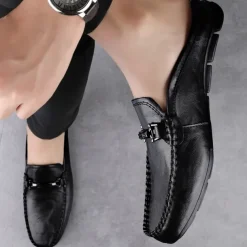 Men's Brown Slip-on Loafers with Metallic Buckle, Casual Faux Leather Shoes for Everyday Wear