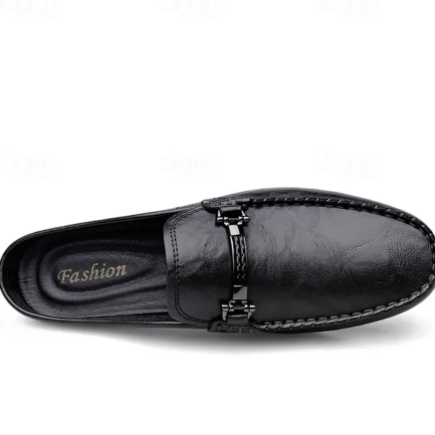 Men's Brown Slip-on Loafers with Metallic Buckle, Casual Faux Leather Shoes for Everyday Wear