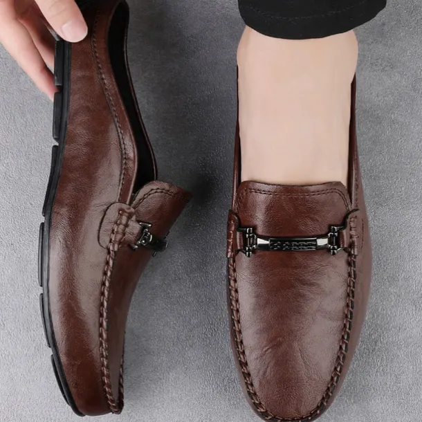 Men's Brown Slip-on Loafers with Metallic Buckle, Casual Faux Leather Shoes for Everyday Wear