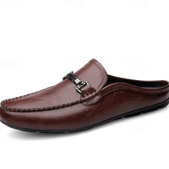Men's Brown Slip-on Loafers with Metallic Buckle, Casual Faux Leather Shoes for Everyday Wear