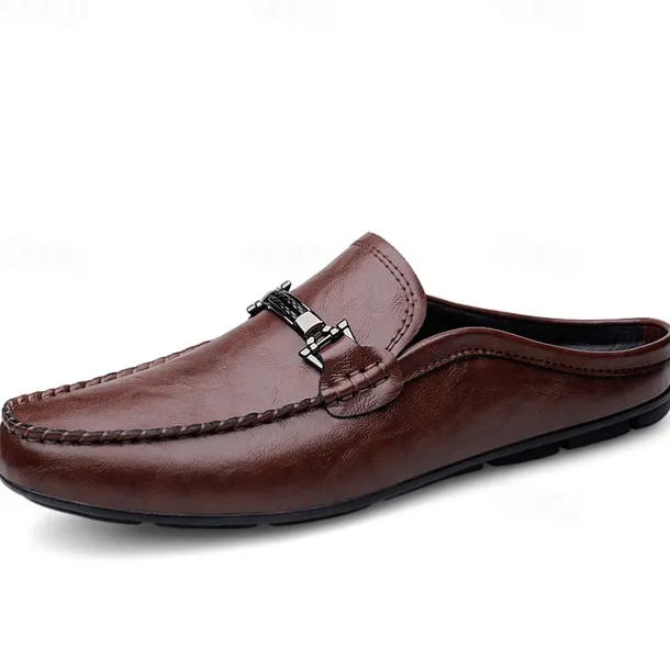 Men's Brown Slip-on Loafers with Metallic Buckle, Casual Faux Leather Shoes for Everyday Wear