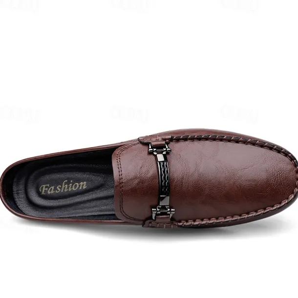 Men's Brown Slip-on Loafers with Metallic Buckle, Casual Faux Leather Shoes for Everyday Wear