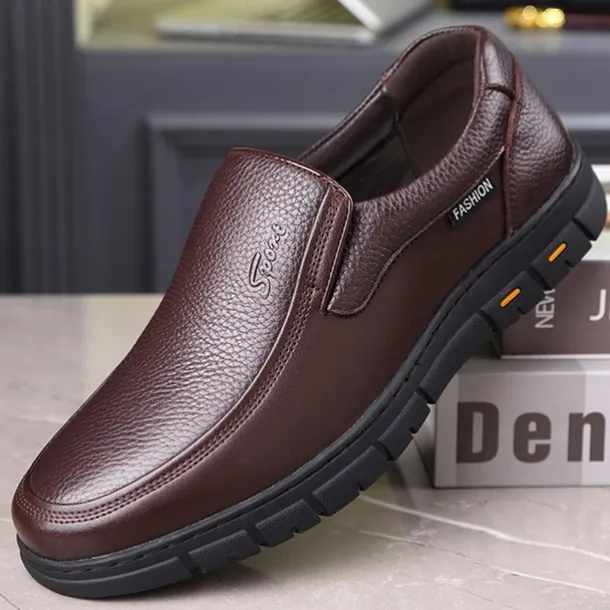 Men's Brown Slip-On Loafers with Textured Faux Leather Upper and Non-Slip Sole - Comfortable Casual Shoes for Work and Daily Wear