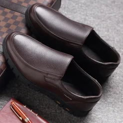 Men's Brown Slip-On Loafers with Textured Faux Leather Upper and Non-Slip Sole - Comfortable Casual Shoes for Work and Daily Wear