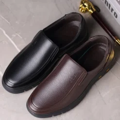 Men's Brown Slip-On Loafers with Textured Faux Leather Upper and Non-Slip Sole - Comfortable Casual Shoes for Work and Daily Wear