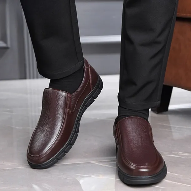 Men's Brown Slip-On Loafers with Textured Faux Leather Upper and Non-Slip Sole - Comfortable Casual Shoes for Work and Daily Wear