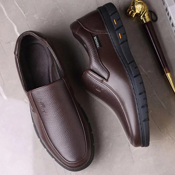 Men's Brown Slip-On Loafers with Textured Faux Leather Upper and Non-Slip Sole - Comfortable Casual Shoes for Work and Daily Wear