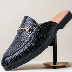Men's Brown Snake Pattern Loafers – Slip-On Faux Leather Mules with Metal Buckle for Casual and Formal Wear